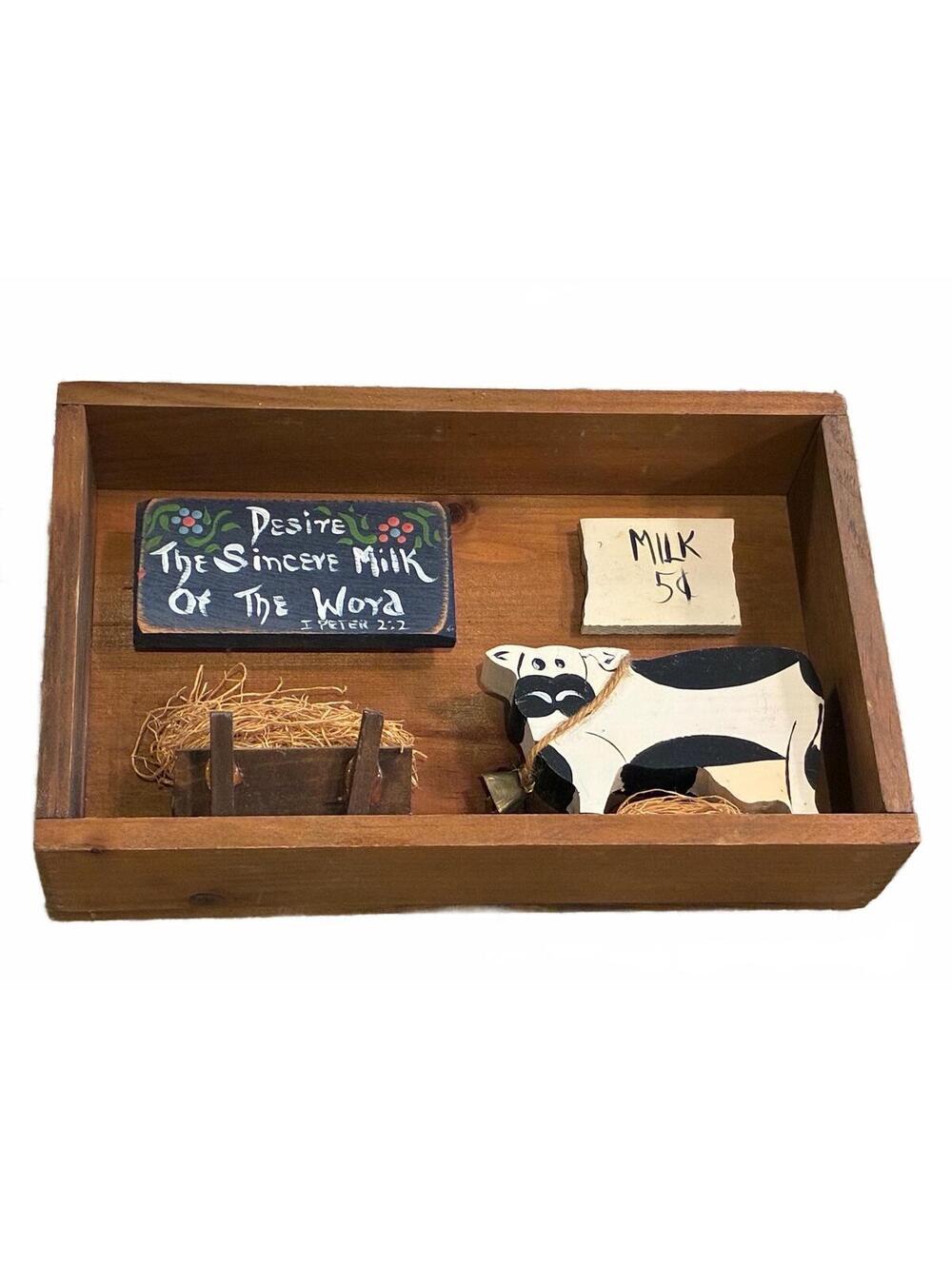 Vintage Primitive Wooden Shadow Box Shelf with Cow and Milk Theme Decor